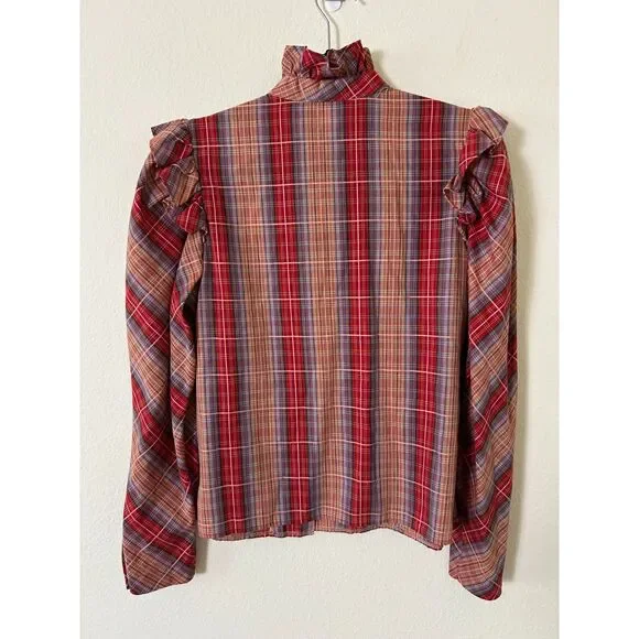 VTG Notations Ruffle blouse red plaid western prairie Sz10 Edwardian cottagecore - Picture 2 of 9